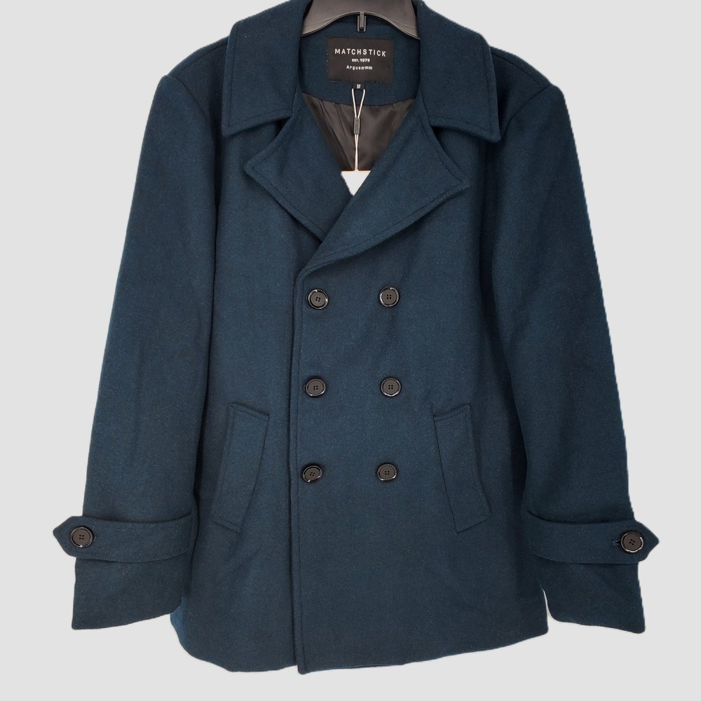 Matchstick Mens Medium Peacock Blue Wool‎ Blend Double Breasted Pea Coat Jacket